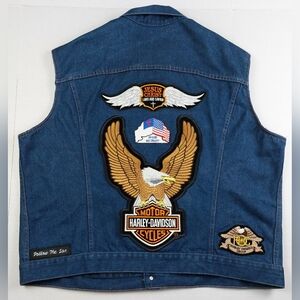 VTG JCPenney Big Mac Jean Vest Mens Size 56 Blue Denim Harley Davidson Decal USA